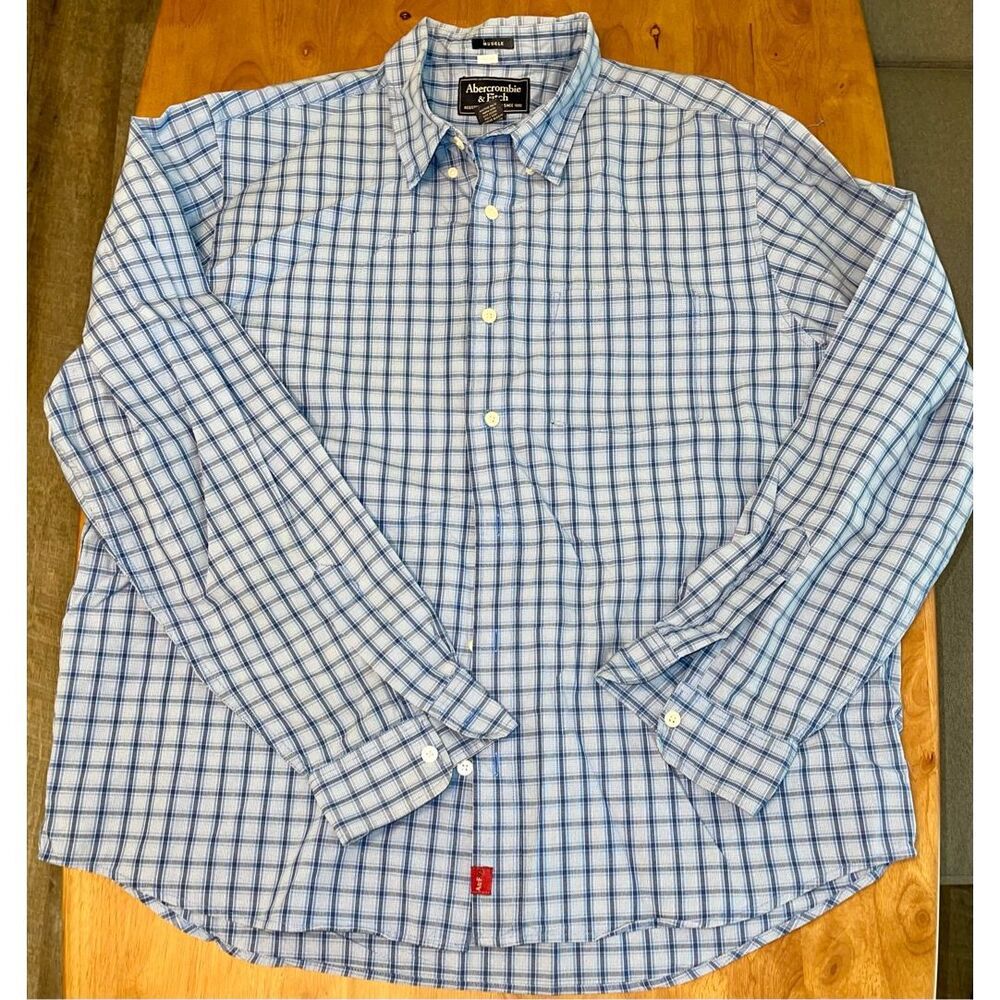 Abercrombie Fitch Mens Extra Large Blue Muscle Long  Sleeve Check Button Plaid‎